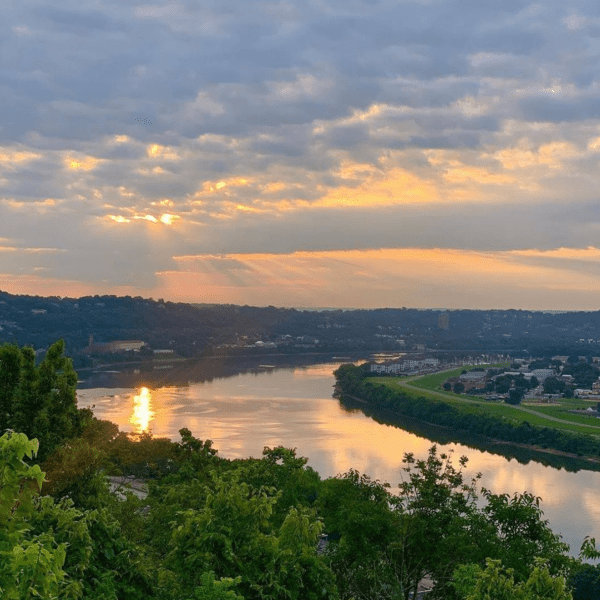 Scenic river view at sunset